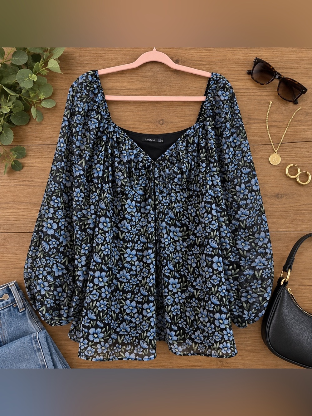 Boohoo Blue Floral Milkmaid Top Square Neck Balloon Sleeves | Size 6 - Picture 2 of 7